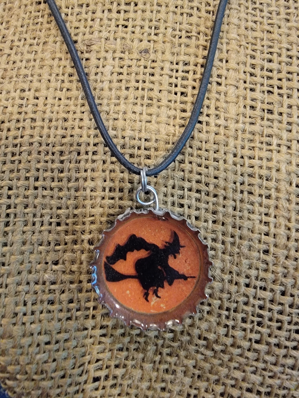 Halloween Witch Broomstick Silhouette Vintage Bottle Cap Pendant Necklace